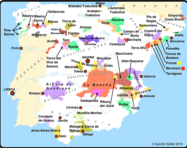 carte des régions viticoles en Espagne 